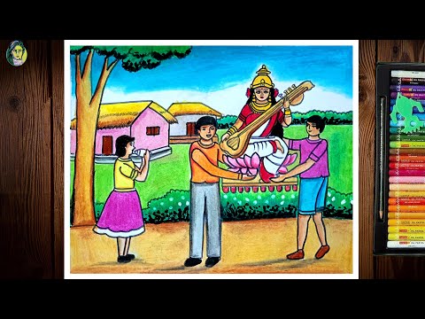 Saraswati Puja Scenery Drawing Easy | How To Draw Saraswati Mata Easy | Basant Panchami Drawing