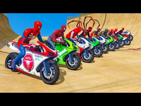 Team Spiderman bike race challenge on mega ramp