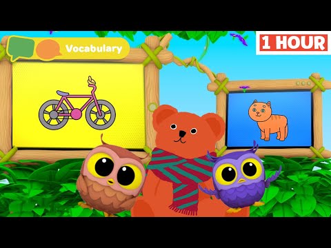 Learn First Words & Vocabulary w Hoot, Scoot & What | Animals & Games  for kids | 75 min Compilation