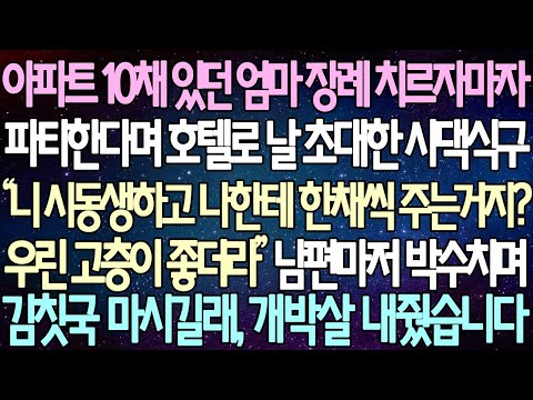 (반전 사연) 아파트 10채 있던 엄마 장례 치르자마자 파티한다며 호텔로 날 초대한 시댁식구 “니 시동생하고 나한테 한채씩 주는거지?", 개박살 내줬습니다 /사이다사연/라디오드라마