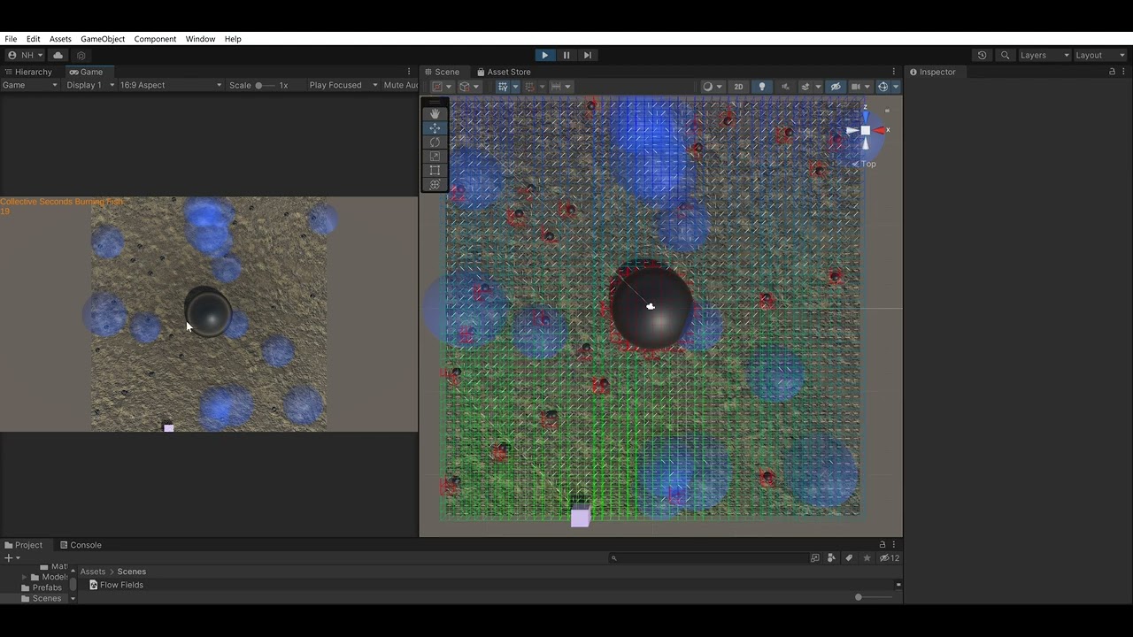 Flowfield with fishies moving around on the game screen. Scene screen shows the same with an overlay of gizmos howing how the vectors are pointing depending on the user.
