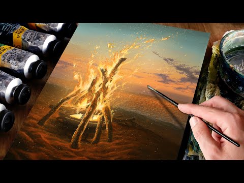 Painting a Campfire During Sunset on the Ocean with Acrylics / Paint with Ryan