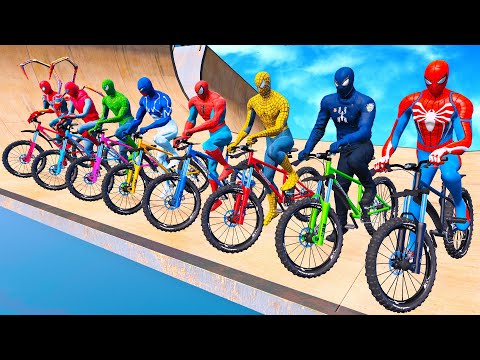 TEAM SPIDERMAN Bicycles Racing Challenge on Dam Ramp ! SUPERHEROES McQueen Disney Cars Racing -GTA 5