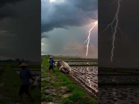 Rice fields farming, magical moments of lightning #waterbuffalo#ruraldailylife #lightning#shortse