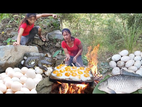 Yummy! Egg grilled on the rock for lunch, Fish and egg burned underground for dinner, Top 5 video