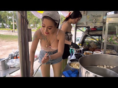 Call for booking only !! Beautiful Thai Lady Cooking Pork Noodle on Food Truck - Thai Street Food