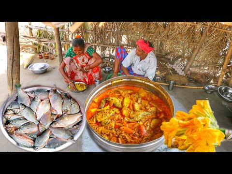 SMALL FISH VAPA CURRY and PUMPKIN FLOWER fry cooking & eating by santali tribe couple