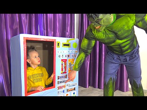Damian and superheroes vending machine kids toy story