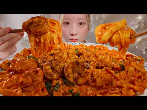 ASMR Spicy Shrimp Cream Pasta【Mukbang/ Eating Sounds】【English subtitles】