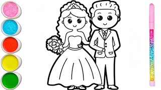DRAWING AND COLORING BRIDE AND GROOM GLITTER RAINBOW WEDDING || DRAWINGS FOR CHILDREN
