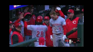 Rece Hinds doubles in the 10th to put the Reds up 3 as heard on all broadcasts 