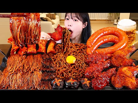 ASMR MUKBANG| 직접 만든 불닭 짜장 버섯 양념치킨 소세지 먹방 & 레시피 FIRE BLACK BEAN MUSHROOMS AND SEASONED CHICKEN EATING