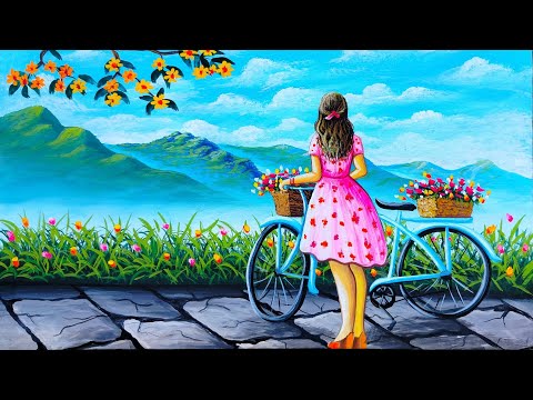 Painting of a girl with her bicycle and flowers | nature drawing | painting 558