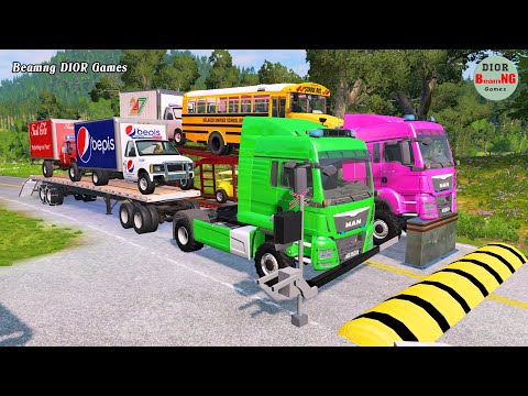 Double Flatbed Trailer Truck vs speed bumps|Busses vs speed bumps|Beamng Drive|1159