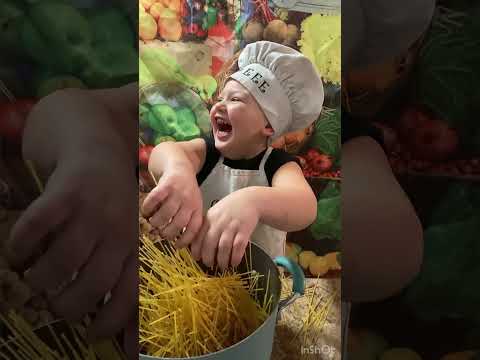 Giggles baby laughing breaking spaghetti