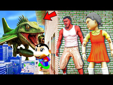 Franklin and Shinchan & Pinchan play HIDE AND KILL with Squid Game Doll In GTA 5