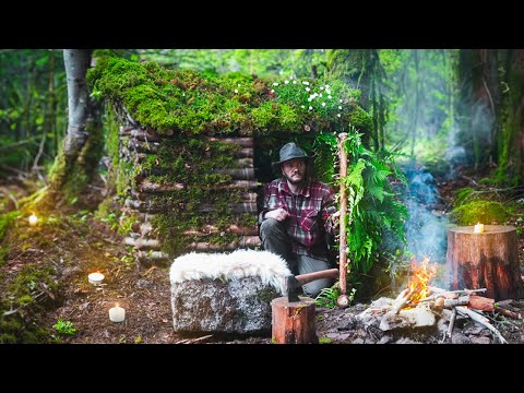 Building a Rustic Bushcraft Cabin: 3 Days in the Mountains with Cooking Adventures