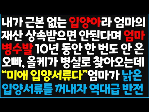 (신청사연) 내가 근본 없는 입양아라 엄마의 재산 상속받으면 안된다며 엄마 병수발 10년 동안 한 번도 안 온 오빠와 올케가 병실로 찾아오는데 ~[신청사연][사이다썰][사연라디오]