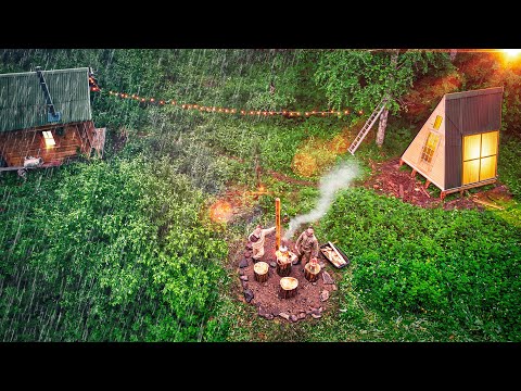 Building COZY A-frame HOUSE IN HEAVY RAIN AT THE BUSH
