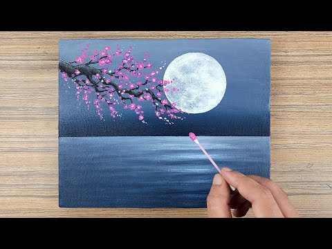 Full Moon Acrylic Painting for Beginners/ Cherry Blossom Painting