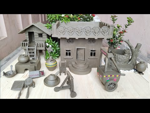 Build a miniature Village House with Hut and Memorable Tools | Clay house