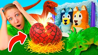 Les peluches Bluey et Bingo voyagent en téléporteur ! 🌀🦕 De la piscine aux dinos, quelle aventure !