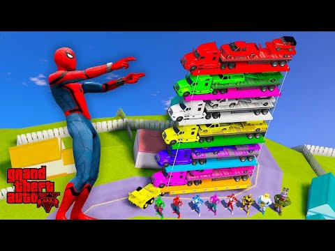 Colored Spiderman & Super Heroes  Loading Super CArs & Big Trucks  Into A Giant Trailer