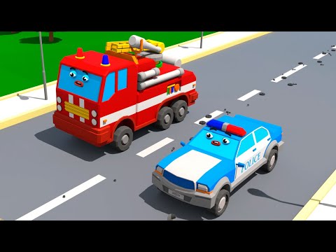 Fire Truck hides from Police Car in an amusement park - Cars Town - Cartoons for Kids