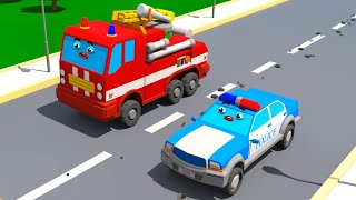 Fire Truck hides from Police Car in an amusement park - Cars Town - Cartoons for Kids