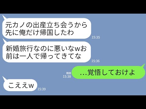 【LINE】新婚旅行中に元カノの出産に立ち会うために勝手に帰国した夫「心細いらしいから先帰るwお前は一人で帰れ」→ブチギレた私がクズ夫を地獄に追い込んだ結果www