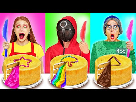 ¡Desafío de cocina de la abuela vs yo en "El juego del calamar"! Decoración de pastel por 123 GO!