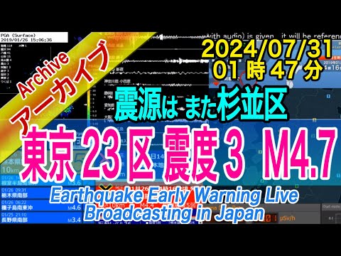 東京23区　杉並区震源　最大震度３  M4.7　2024/07/31（01：47）