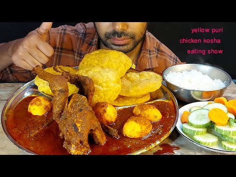 spicy desi chicken and duck egg mix masala curry soft yellow puri rice salad eating show mukbang