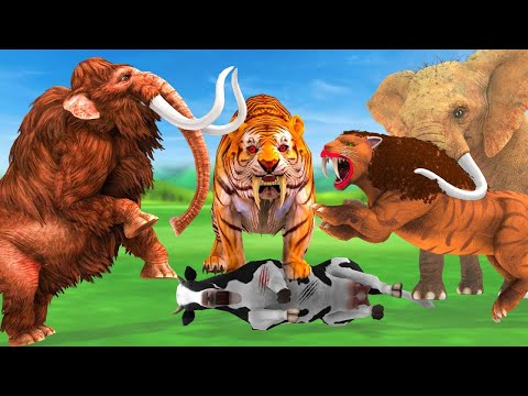 African Elephant Cow vs Zombie Dinosaur vs Giant Tiger Attack Cow Baby Elephant Saved by Mammoth