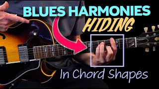 Blues harmonies hiding inside chord shapes - Can you see them?  Guitar Lesson - ML118