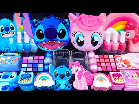 ASMR Blue VS Pink Slime mixing Eyeshadow, Glitter into slime #Satisfying #slimeasmr #stitch #Pony