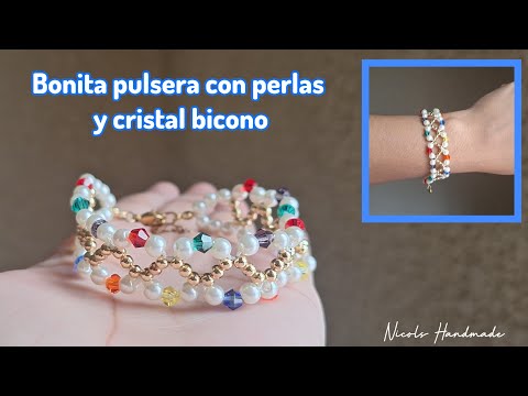 Aprende hacer esta Bonita pulsera de perlas con cristal bicono