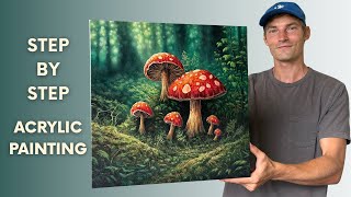 Mushroom Forest STEP by STEP | Acrylic Painting Tutorial for Beginners