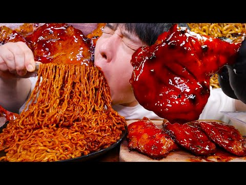 ASMR 불닭게티 & 볼케이노 BBQ자메이카 통다리구이 먹방 BLACK BEAN FIRE NOODLES & VOLCANO BBQ CHICKEN REAL SOUND MUKBANG
