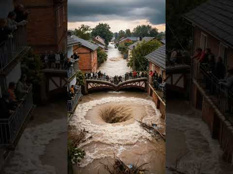 惊悚一幕！洪水撕裂大桥，人群被吸入巨大漩涡#大桥坍塌 #洪水现场 #巨型漩涡 #灾难瞬间 #灾难记录 #洪水冲击 #真实事件模拟 #自然灾害  #视觉震撼 #automobile #惊险瞬间