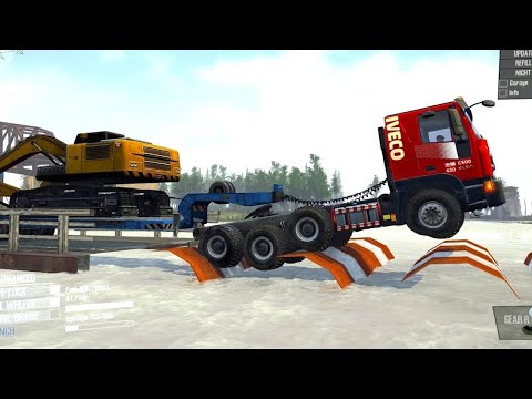 Spintires: Mudrunner A truck carrying an excavator crosses a difficult road.ep18