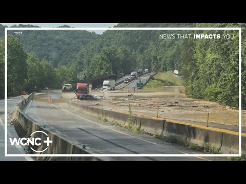 YouTube video thumbnail: I-40 Closed at North Carolina-Tennessee State Line After Rockslide, Flooding