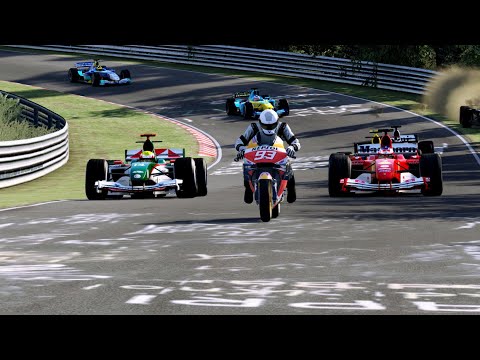 MotoGP Honda RC213V Marc Marquéz vs F1 2004 V10 Racing Cars at Nordscheifle