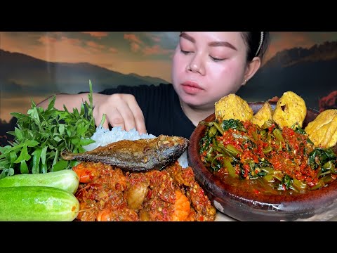 rujak kangkung pedas,sambal udang jengkol,ikan asin japuh lalaban Mukbang