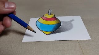🟢 Dibujos en 3D ilusion optica | Como dibujar peonza de juguete 3D arte