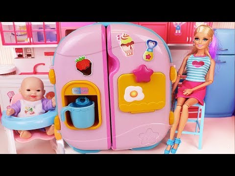Baby Doll Refrigerator and Barbie Food Toys play morning routine 냉장고 장난감과 음식 장난감놀이 인형 놀이 |보라미TV