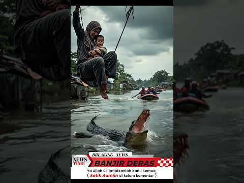 Ngeri! Ibu dan Anak Terjebak di Atas Kabel Listrik Saat Banjir Besar, Buaya Mengintai!  #banjir