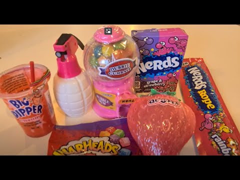 Unwrapping Satisfying 🍓 Strawberry lollies 🍬  pink & purple Nerds, miniature gumball machine and 🍭