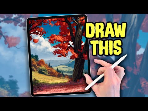 PROCREATE ANIME style DRAWING Tutorial - Autumn Red Tree Landscape