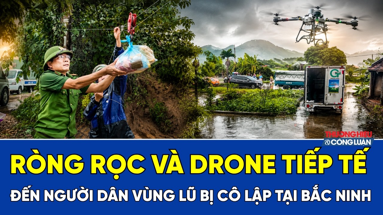 Ròng rọc và drone tiếp tế, đưa nhu yếu phẩm đến người dân vùng lũ bị cô lập tại Bắc Ninh